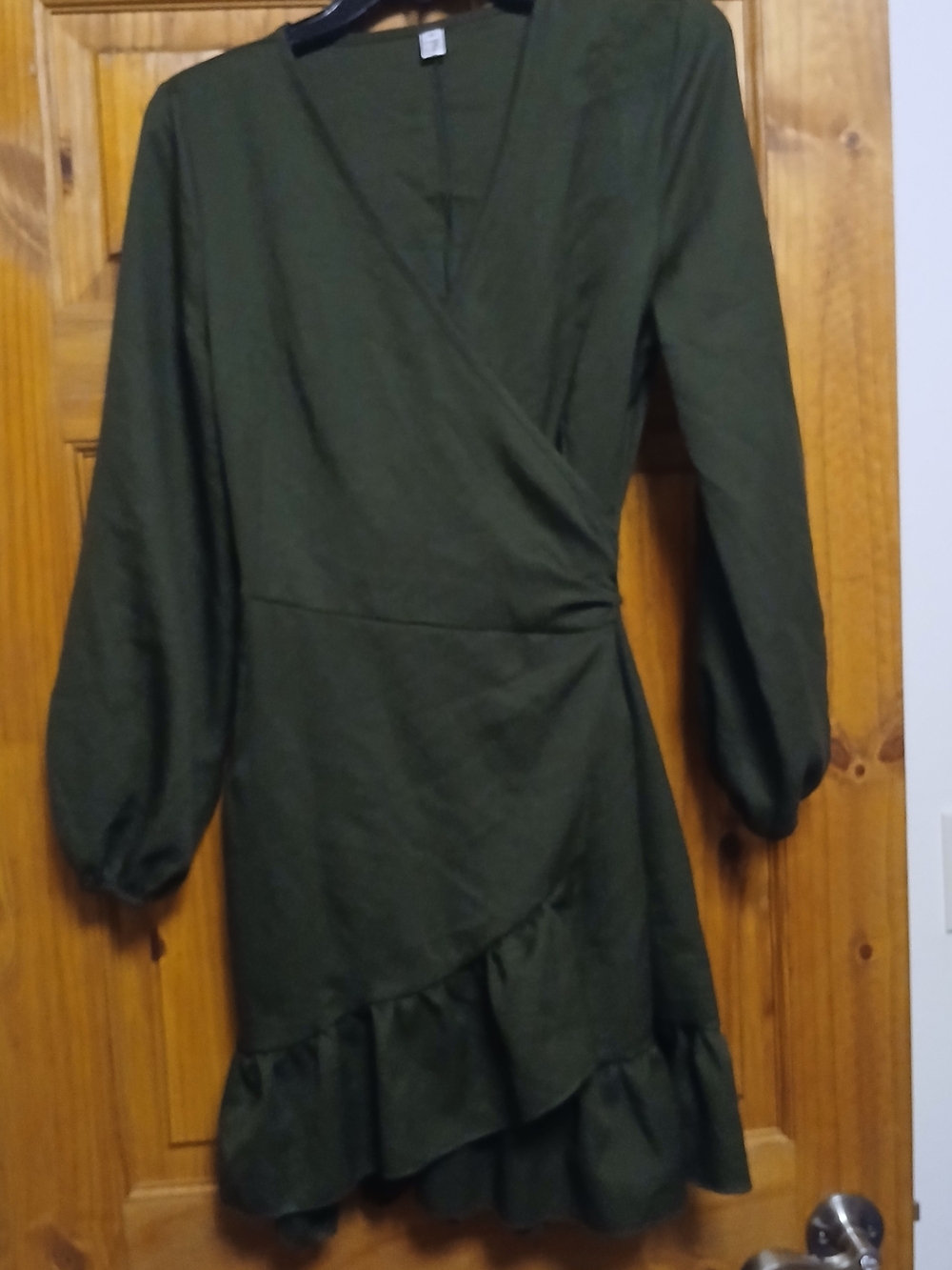 Long-Sleeve Olive Wrap Dress with Ruffle Hem
